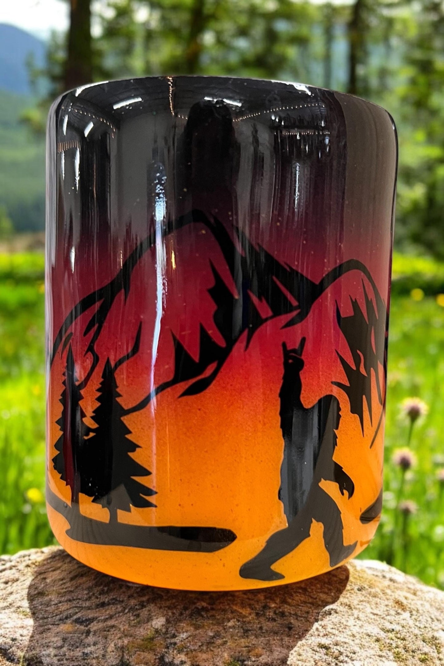 Sunset Bigfoot Sasquatch Pacific Northwest coffee mug stainless steel double wall insulation Cocktail Whiskey cup