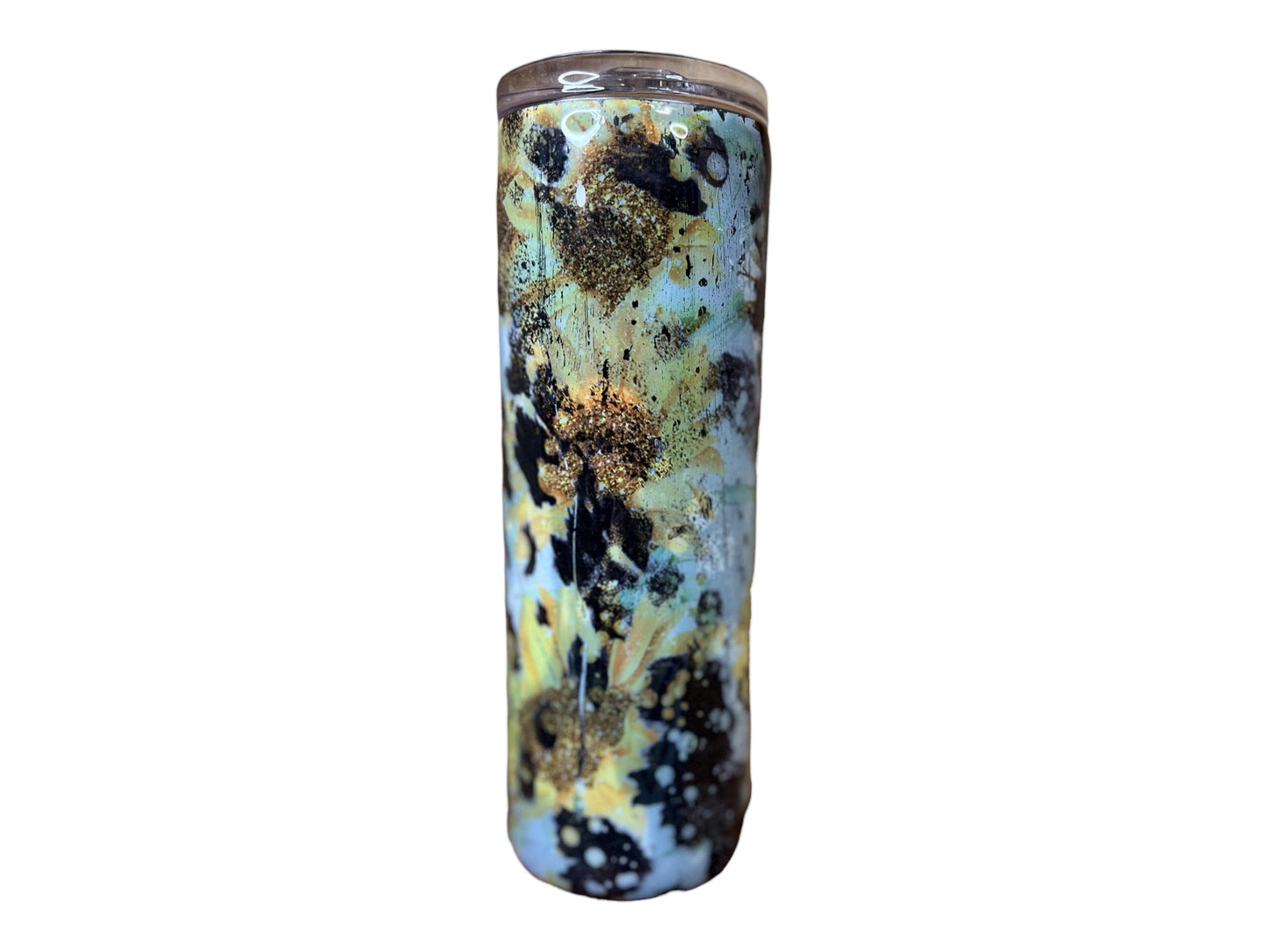 Custom Cow Skull with bullet hole cow print and sunflowers 20 oz stainless steel Coffee hot or cold tumbler with lid