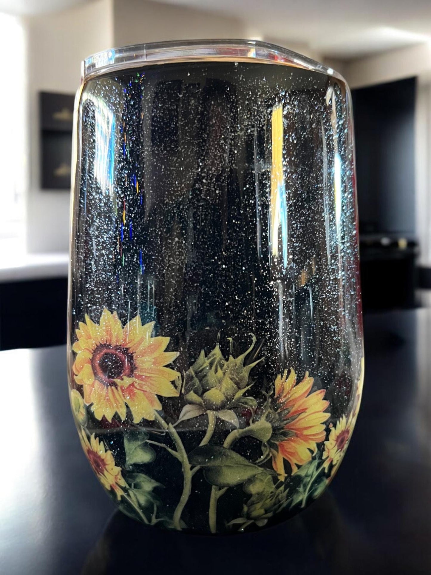 Black and Sunflower stainless steel wine glass with lid