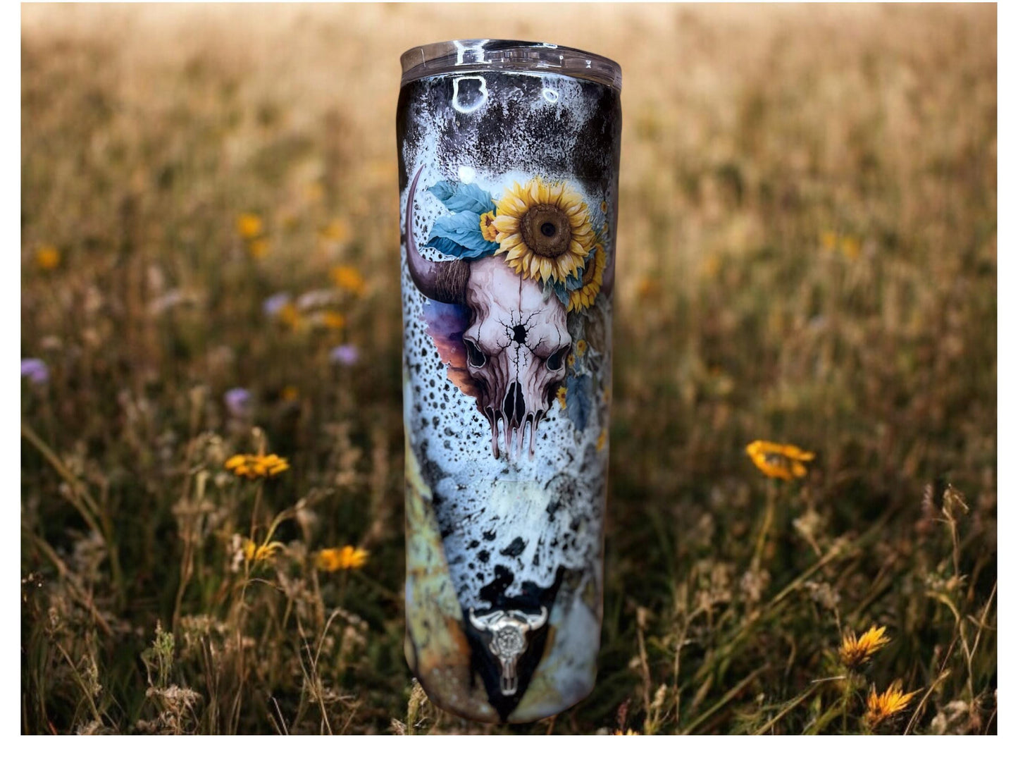 Custom Cow Skull with bullet hole cow print and sunflowers 20 oz stainless steel Coffee hot or cold tumbler with lid