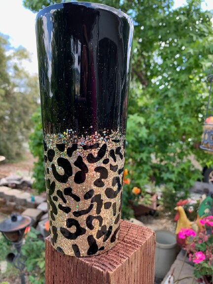 Water Tumbler Black and Gold with Leopard Print.  Stunning sparkle!  Personalization available
