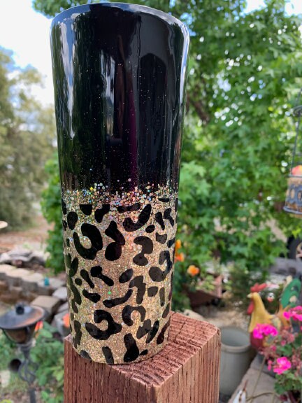 Water Tumbler Black and Gold with Leopard Print.  Stunning sparkle!  Personalization available