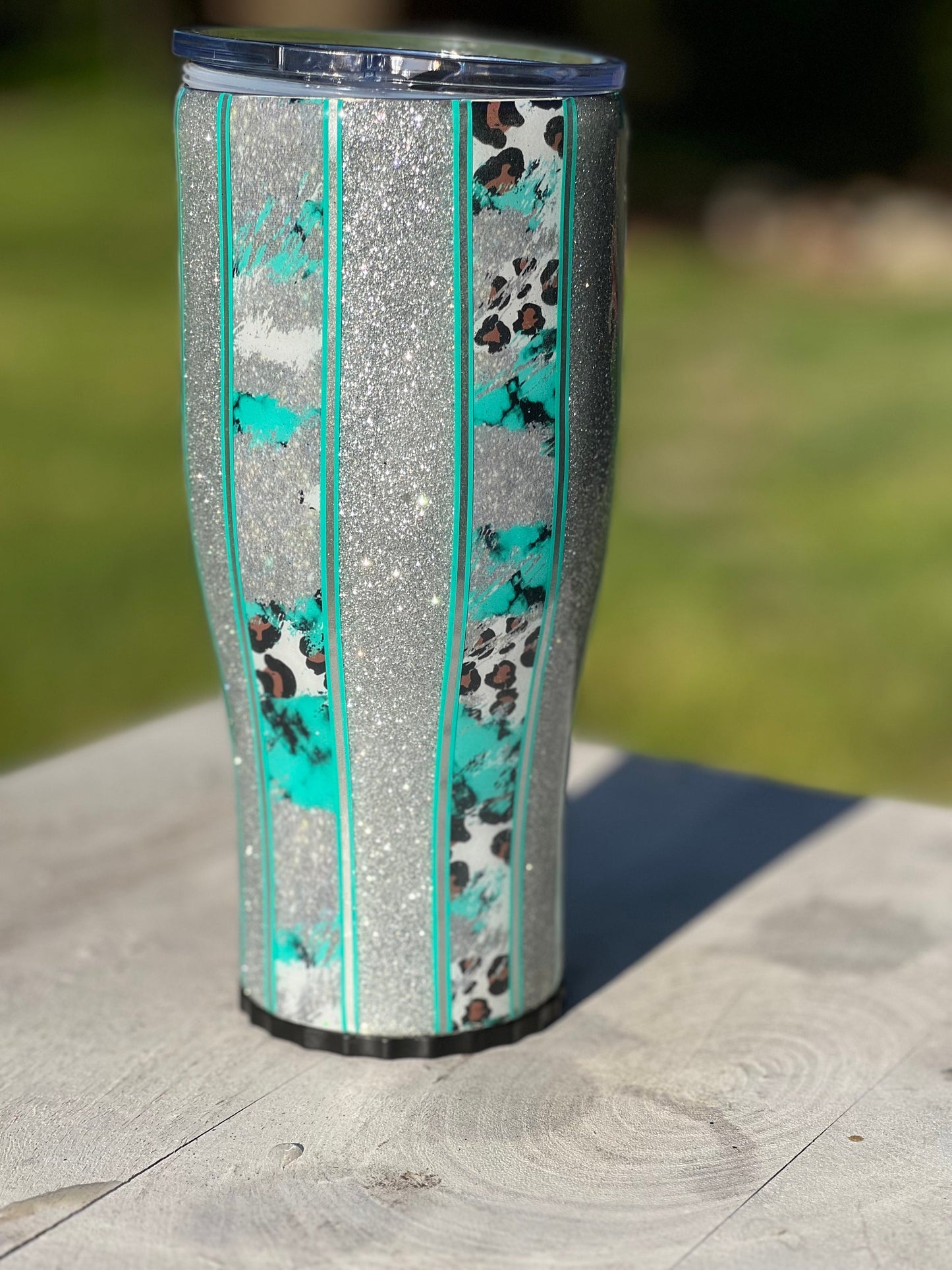 30 oz stainless steel Western Cowprint and turquoise glitter tumbler.