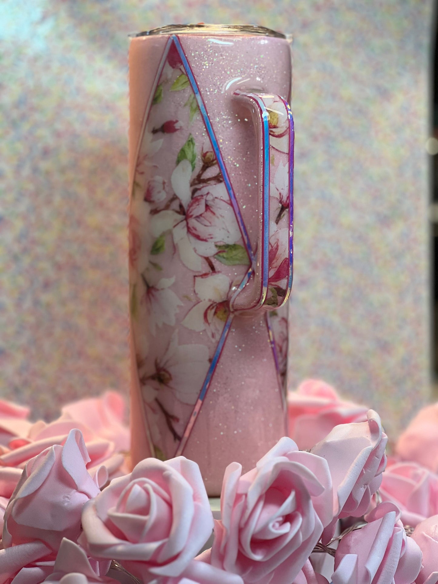 Pink floral  Glitter and Diamonds handled tumbler 20 oz stainless steel