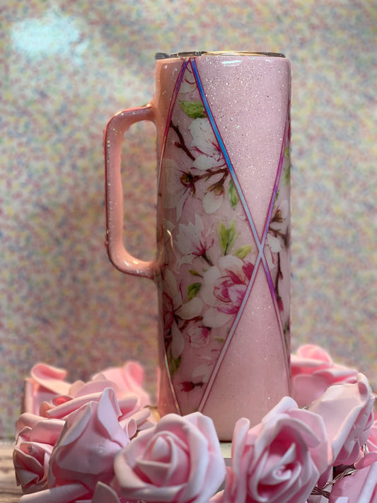 Pink floral  Glitter and Diamonds handled tumbler 20 oz stainless steel