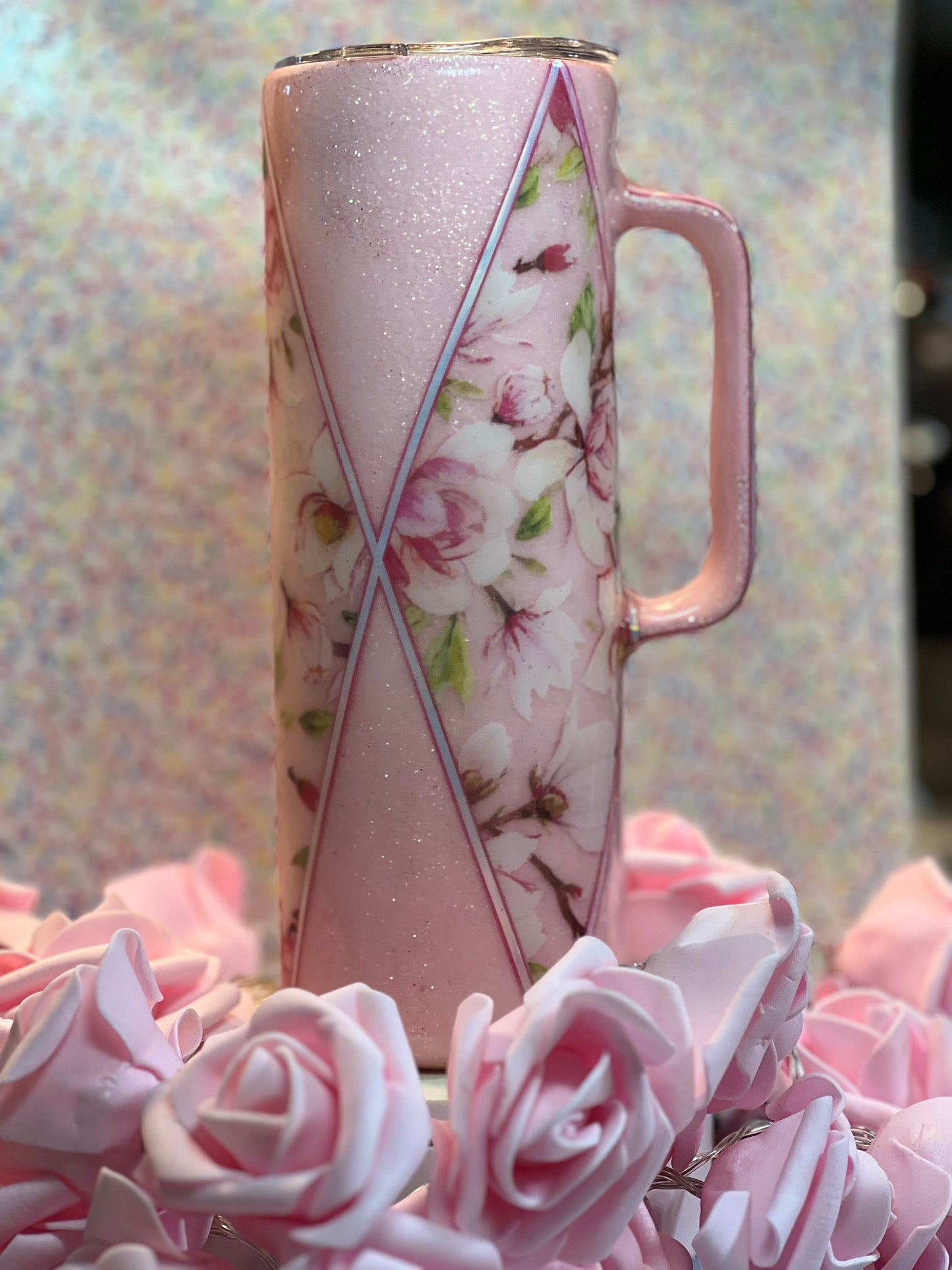 Pink floral  Glitter and Diamonds handled tumbler 20 oz stainless steel