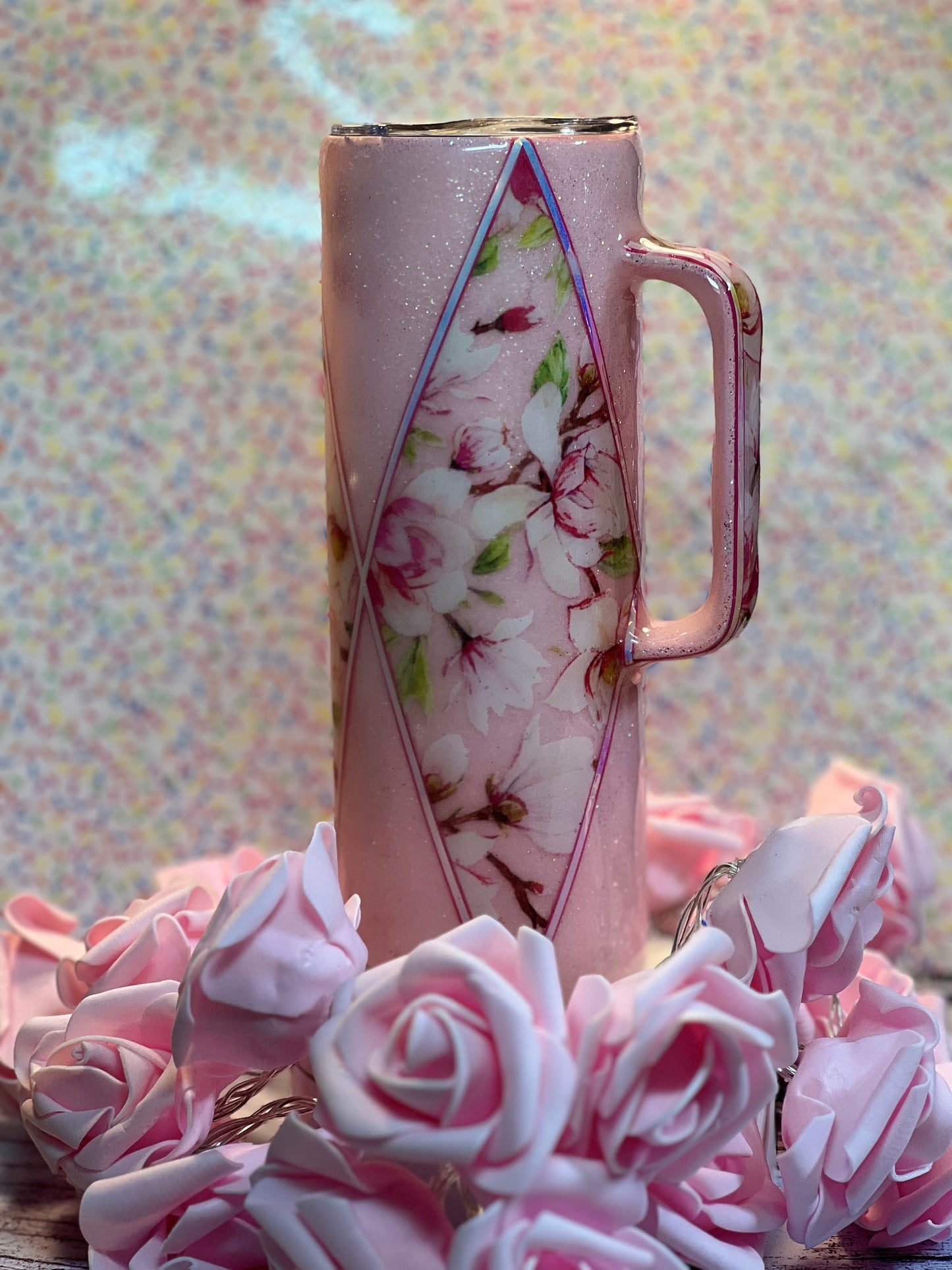 Pink floral  Glitter and Diamonds handled tumbler 20 oz stainless steel