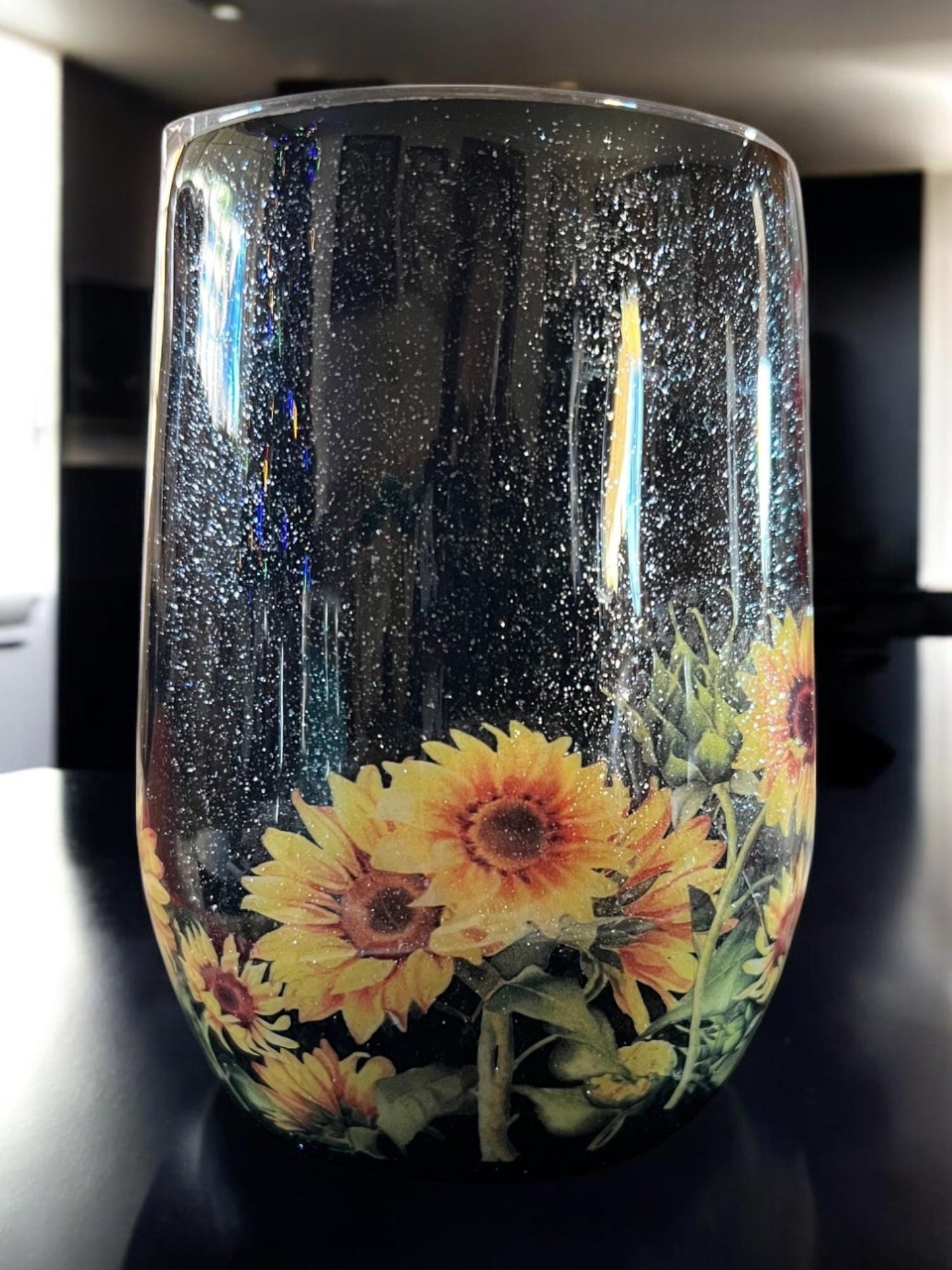 Black and Sunflower stainless steel wine glass with lid