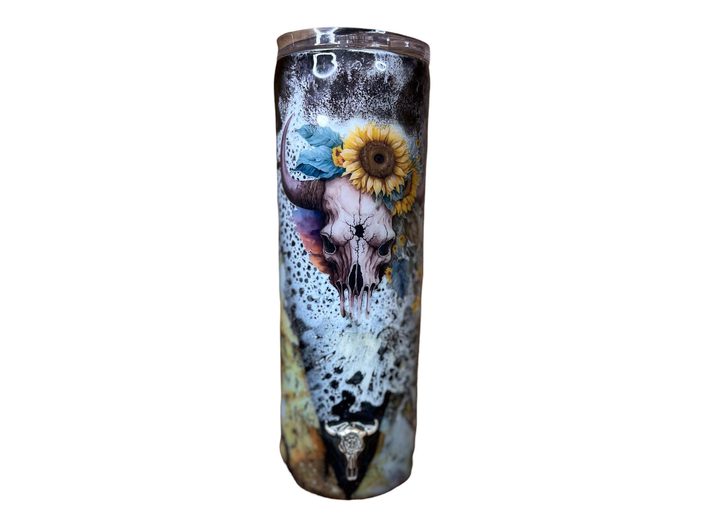 Custom Cow Skull with bullet hole cow print and sunflowers 20 oz stainless steel Coffee hot or cold tumbler with lid