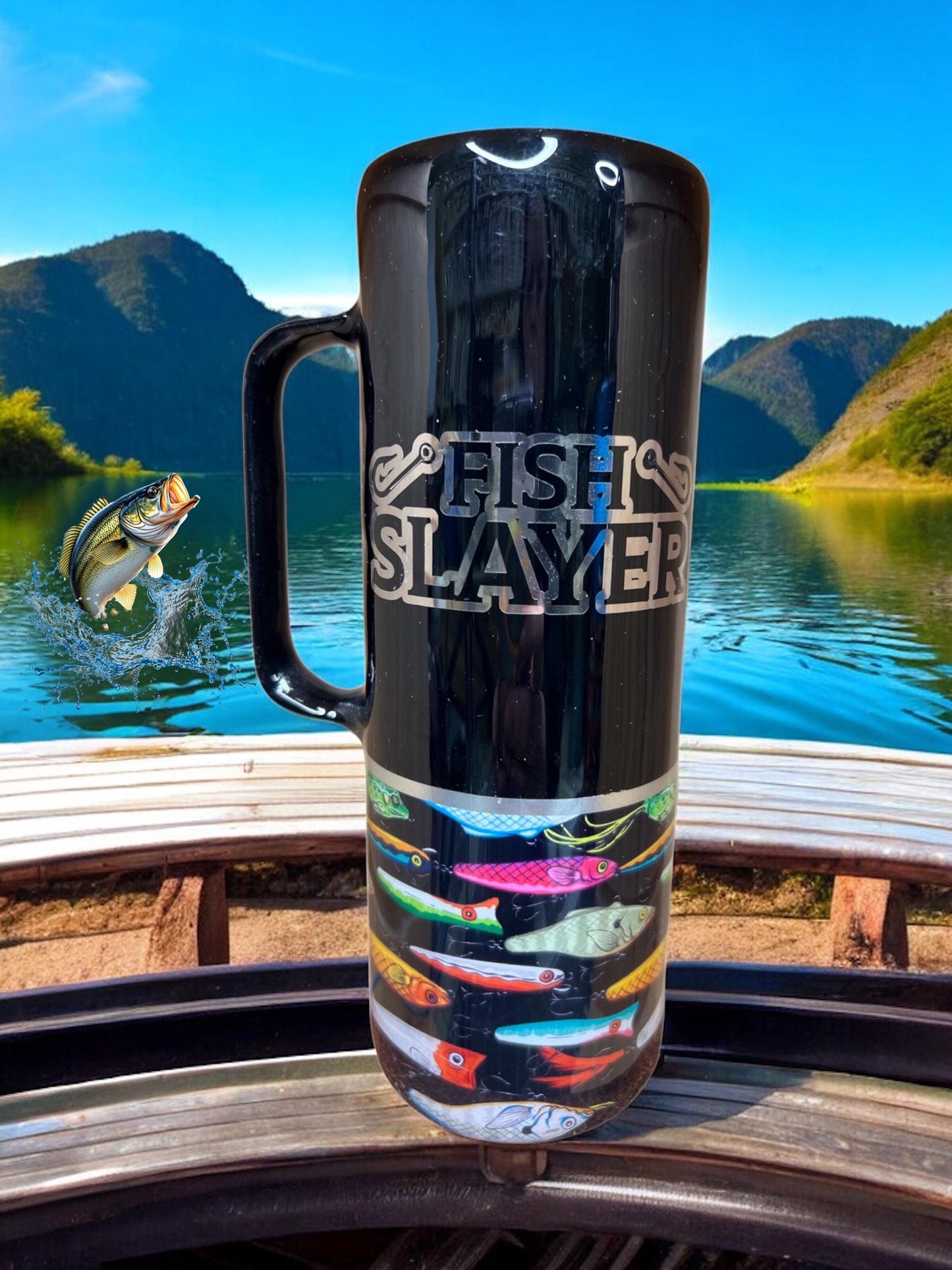 Fish Slayer Fishing tumbler coffee travel cup with handle 20 oz stainless steel with lid