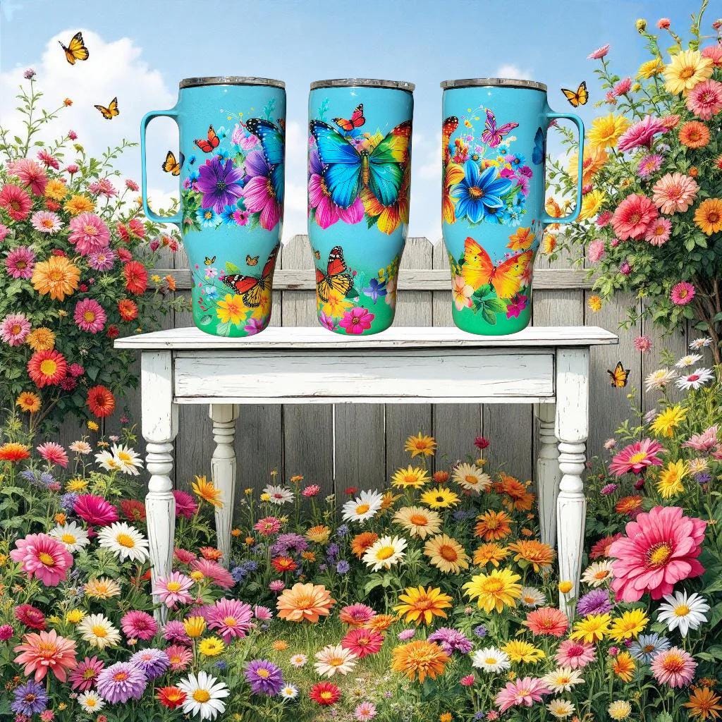 24 oz Floral Butterfly Stainless steel tumbler with handle Travel mug Coffee Cup