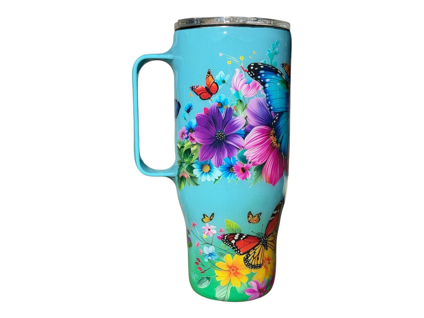 24 oz Floral Butterfly Stainless steel tumbler with handle Travel mug Coffee Cup