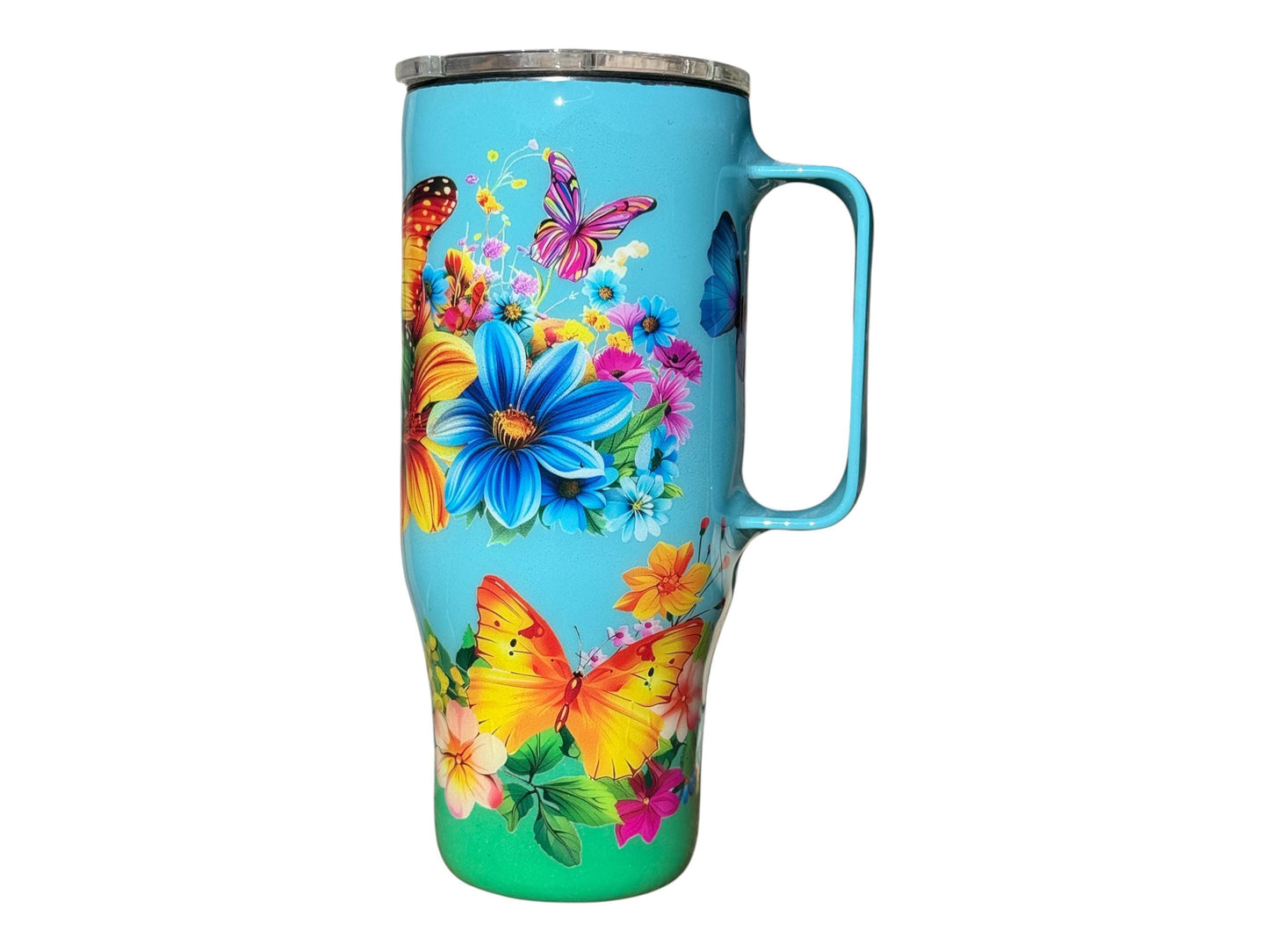 24 oz Floral Butterfly Stainless steel tumbler with handle Travel mug Coffee Cup