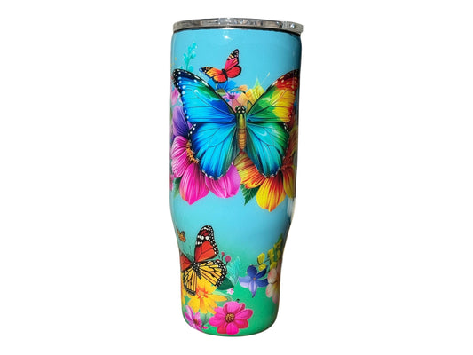 24 oz Floral Butterfly Stainless steel tumbler with handle Travel mug Coffee Cup